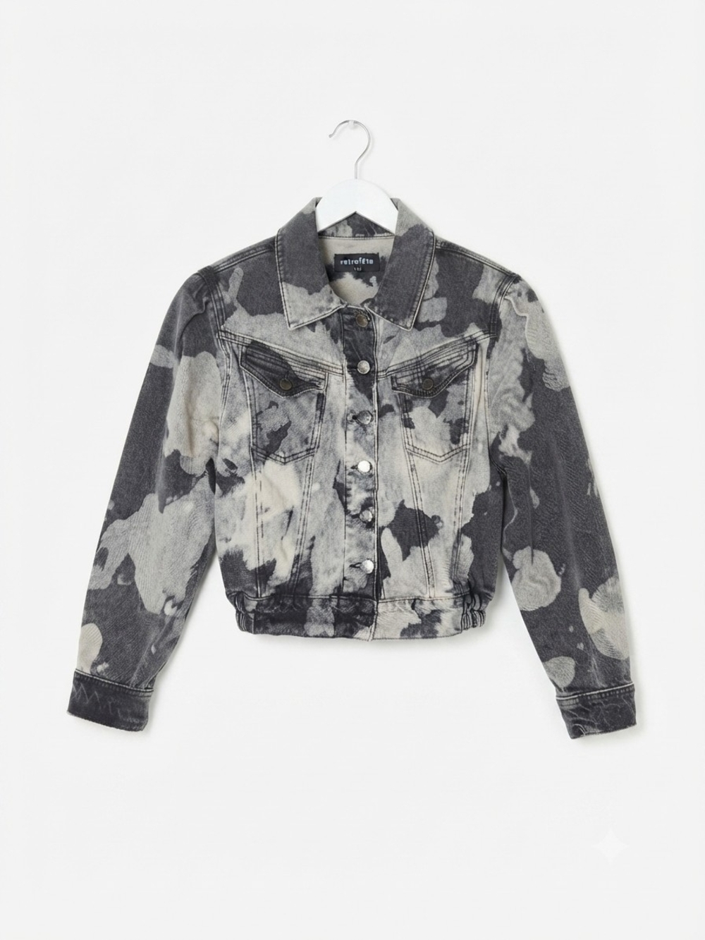 Retrofete Ada Acid Wash Grey Cropped Denim Jacket Puff Sleeve Size S